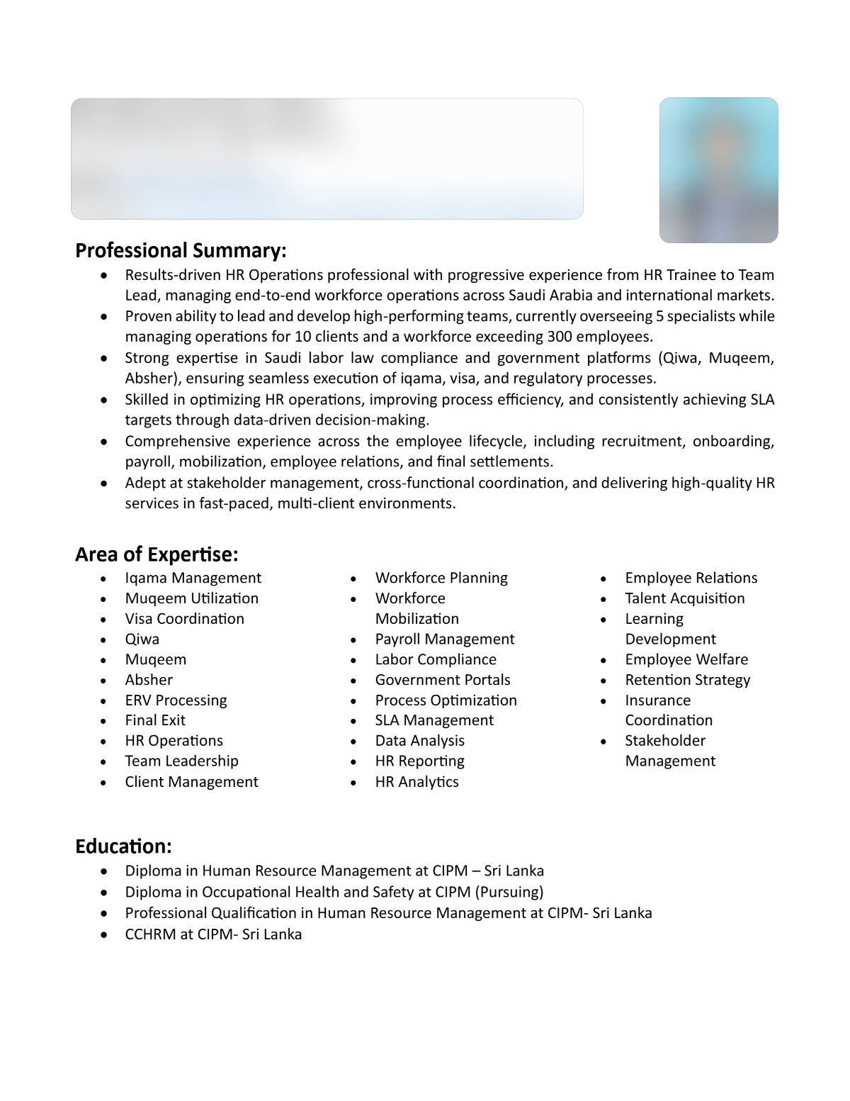 Anonymised HR operations team lead resume preview