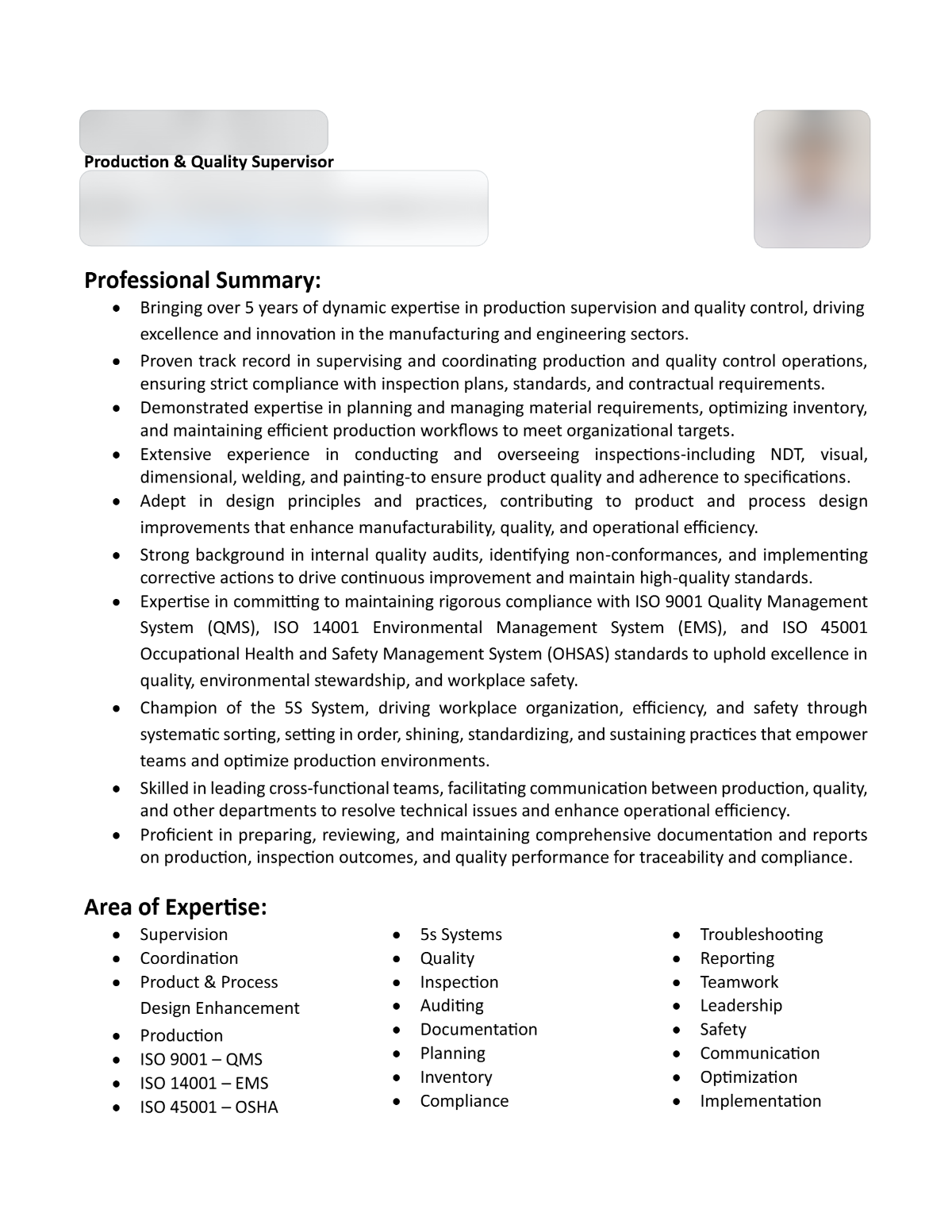 Anonymised production and quality supervisor resume preview